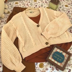 PLUSH SOFT CARDIGAN WOMEN CREAM BUTTONS BELL SLEEVE SHORT BOXY SWEATER FALL